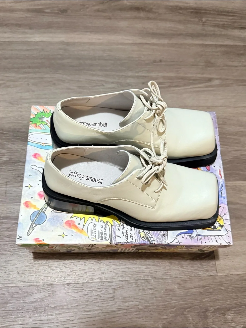 Jeffrey Campbell Cream Square-Toe Lace-Up Boots with Black Platform